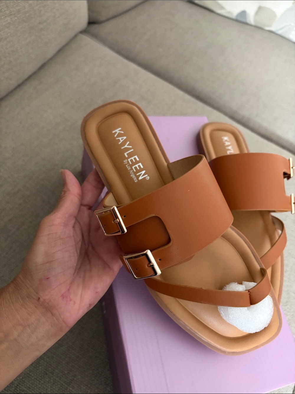 Jayleen Tan Leather Slide Sandals with Buckle Detail